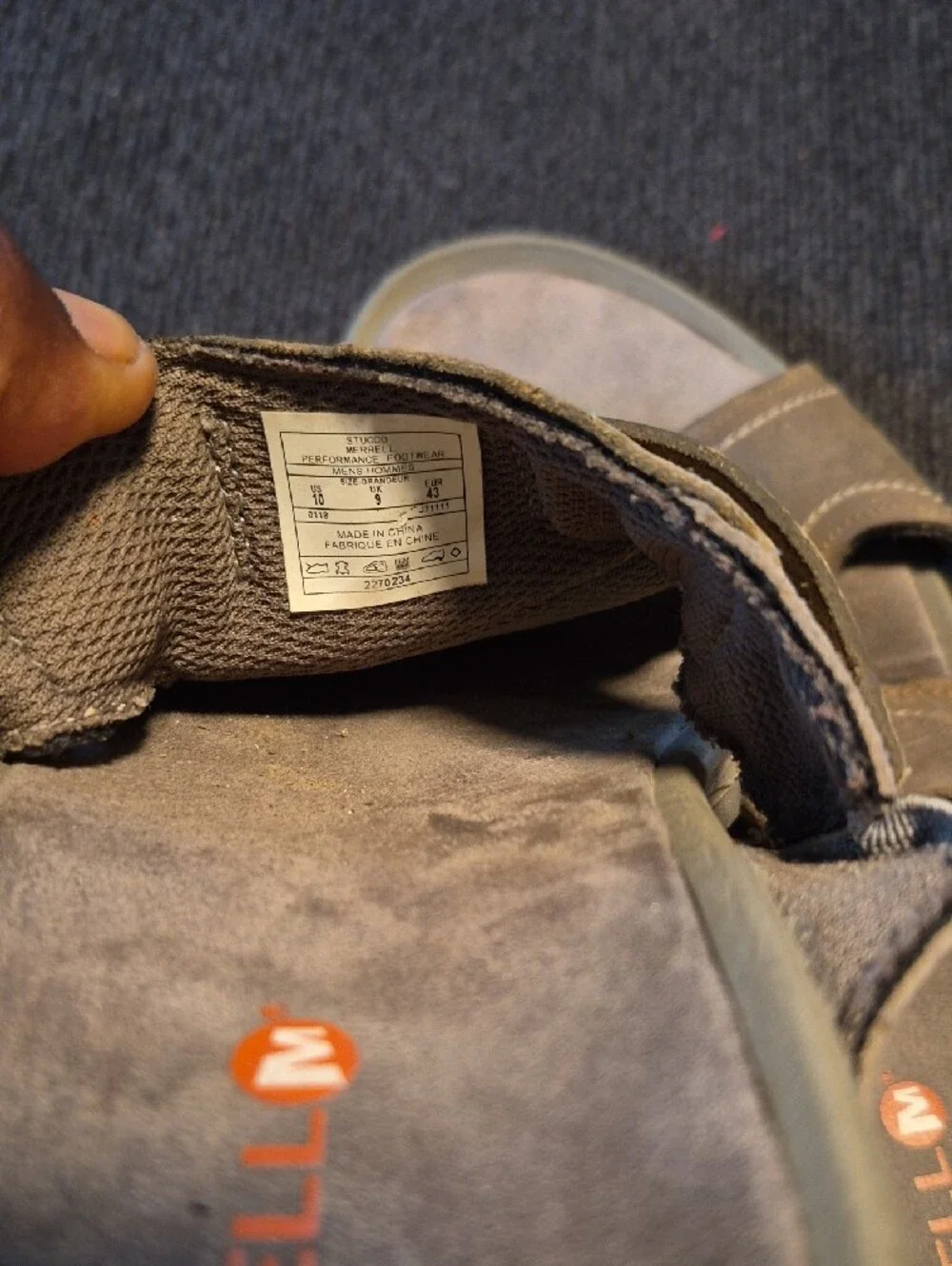 Merrell Men’s Brown Suede Slide Sandals with Orange Accents